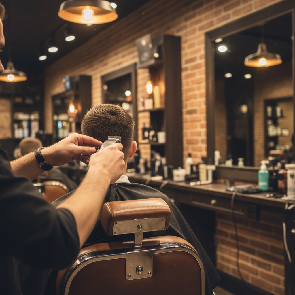 Barbero trabajando con cliente en silla