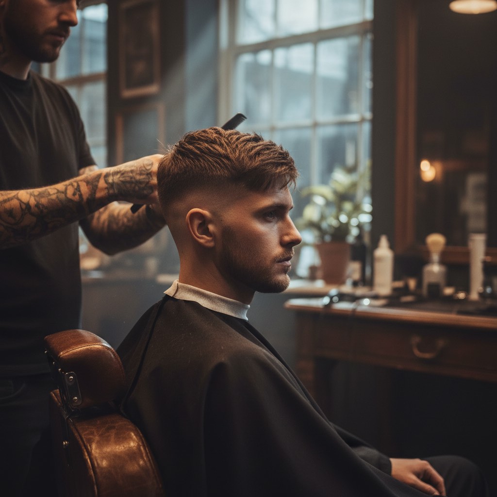 French crop texturizado con skin fade en barbería